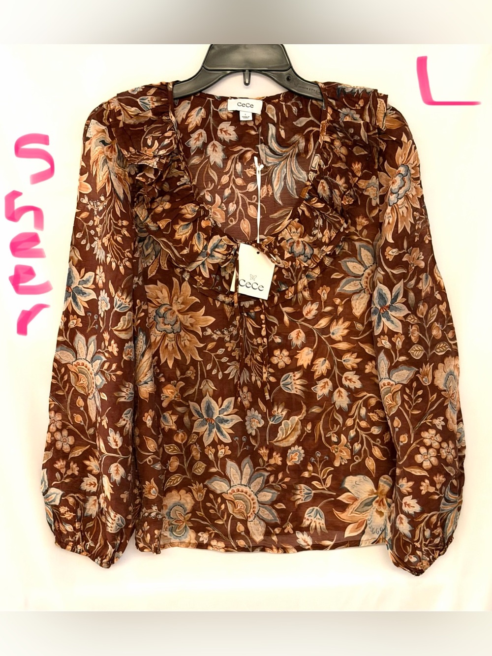 CeCe Brown Floral Ruffle-Front Blouse with Blue and Cream Blossoms
